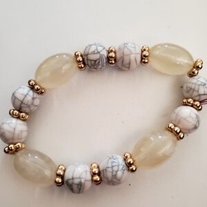 Grey, Cream & Gold Howlite Beaded Stretch  Bracelet 7/8" New